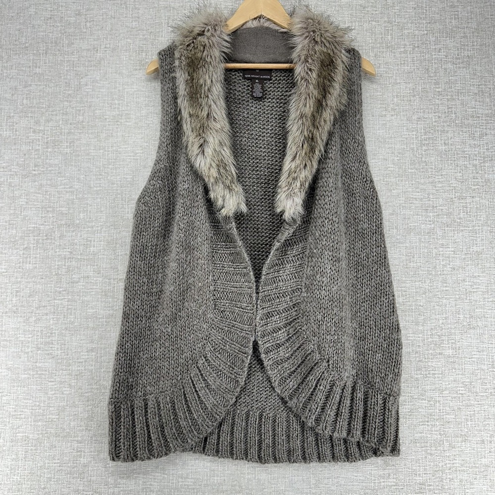 Fenn‎ Wright Manson Sweater Vest Womens XL Gray/Tan Faux Fur Collar Chunky Knit